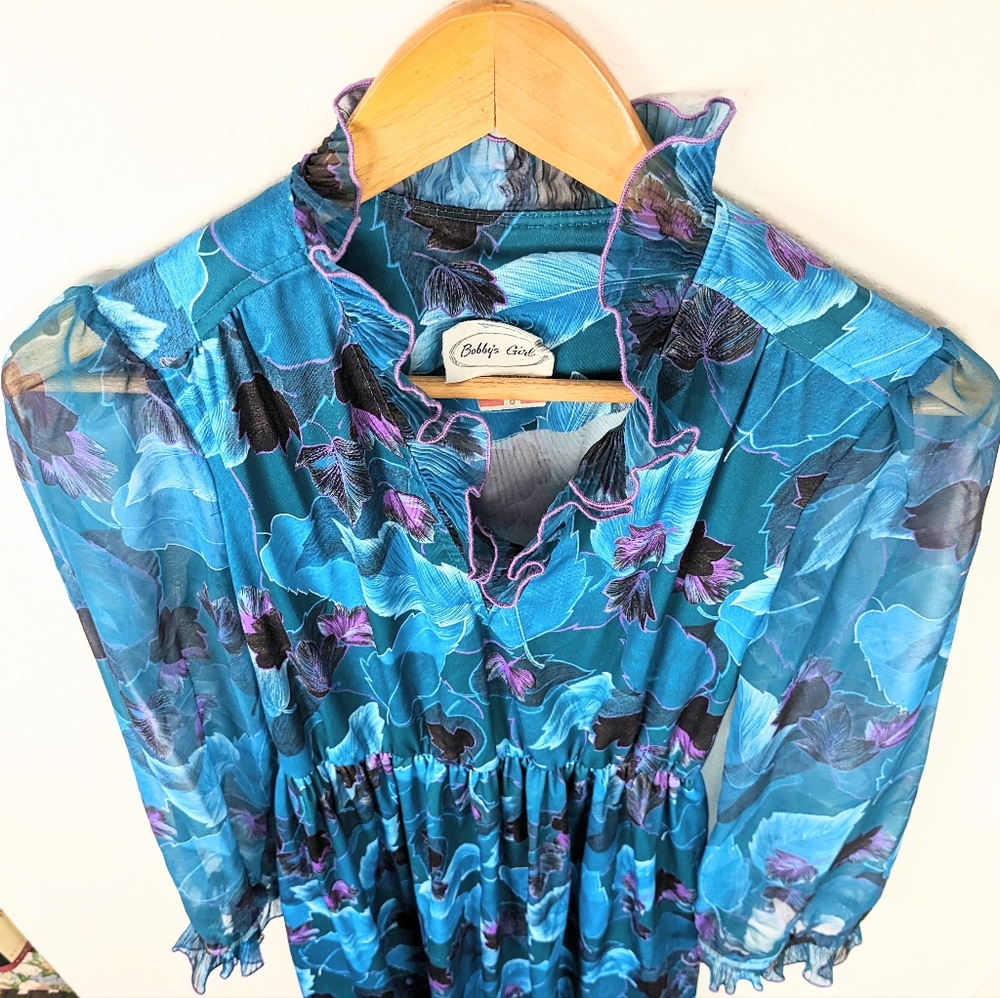 Vintage 80s 90s Floral Sheer Longsleeve Secretary Dress